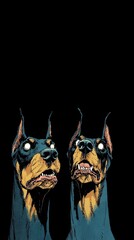 Two black dog doberman portrait illustration made with Generative AI	