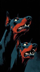 Two black dog doberman portrait illustration made with Generative AI	