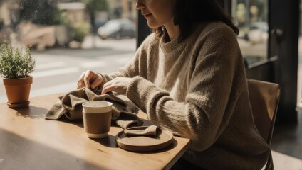 Woman Sitting at a Table with a Drink and Napkin.