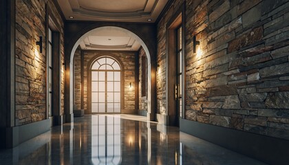 Stone hallway with arched doorway