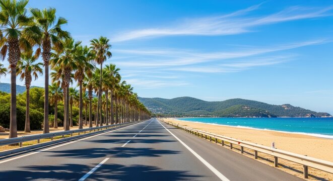 Sunny coastal highway, palm trees, golden beach, and blue ocean stretching to the horizon