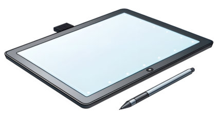 Flat drawing tablet with glowing touch area and pen beside it, isolated on transparent background.