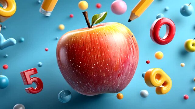 Colorful 3D Animation of Apples with Number Symbols and Pencils for Educational Celebration