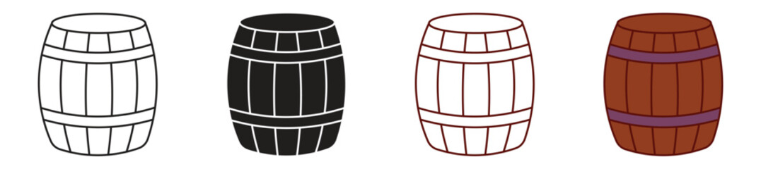 Barrel icon set. Wooden keg icons in thin line, flat, and color style  on white background. Vector illustration.
