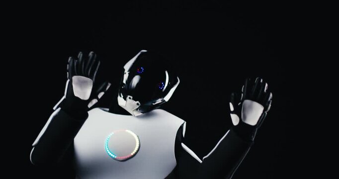 Advanced Humanoid Robot with LED Eyes Simulating Human Behavior Dancing Like Real People. Future Technology Concept