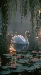 swan on the lake illustration made with Generative AI	