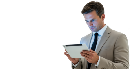 A man in a formal suit using a tablet, against transparent background