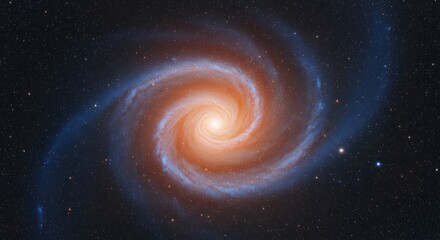 Fototapeta premium Vibrant spiral galaxy with bright orange core and blue arms against a starry cosmic backdrop