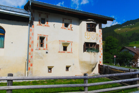Characteristic building in Val M&uuml;stair (German: M&uuml;nstertal, Italian: Val Monastero), Canton Graub&uuml;nden, Switzerland