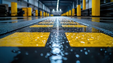 Wet, reflective industrial floor with bright yellow lines leading into a dim hall