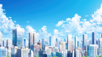 Vibrant city skyline with modern skyscrapers under bright blue sky filled with fluffy clouds creates lively atmosphere
