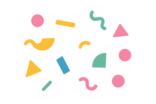 Colorful abstract memphis style geometric shapes and confetti elements celebrating a festive retro party