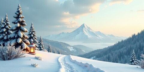 Obraz premium A Serene Winter Landscape Featuring a Glowing Lantern on a Snow-Covered Path Leading to Majestic Snowy Mountains at Dawn