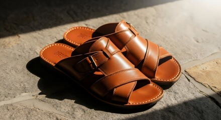 Sustainable artisanal footwear with handmade leather sandals on stone surface close-up