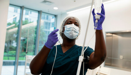 Dark-skinned female doctor in medical mask, cap, and gloves preparing IV drip in modern clinic