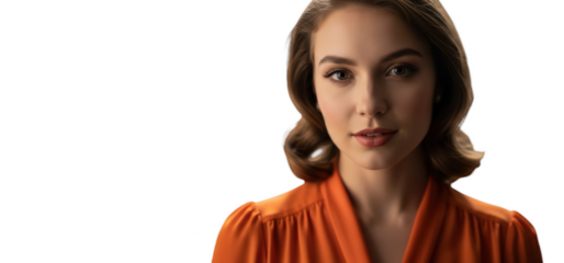 A portrait of a woman with wavy hair and a soft expression, wearing an orange blouse, against transparent background