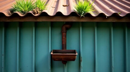 Fototapeta premium Rustic corrugated metal roofing with vibrant green vegetation and a weathered downspout and rain collector