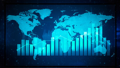 World map on dynamic trend chart in digital style, blue tones, representing global data and technology