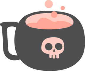  Minimalist flat illustration of a dark cauldron filled with pink bubbling potion, symbolizing witchcraft and magical brewing in a cute modern style.