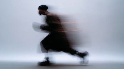 Dynamic photo capturing the blurred motion of a person running, emphasizing speed and energy against a neutral background.