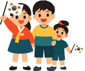   Adorable flat-style illustration of three happy Korean children waving South Korean flags, dressed in a mix of traditional and modern clothing, symbolizing unity and national pride.