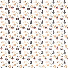   Seamless pastel witchy pattern featuring cute icons of black cats, snakes, potions, frogs, tarot cards, feathers, and magical eyes arranged on a soft beige background in minimalist style.