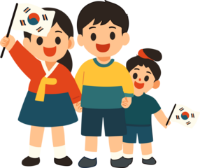   Adorable flat-style illustration of three happy Korean children waving South Korean flags, dressed in a mix of traditional and modern clothing, symbolizing unity and national pride.