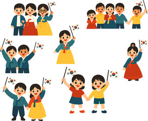  Delightful flat-style illustration of happy Korean children and families dressed in traditional hanbok, proudly waving South Korean flags and celebrating together.