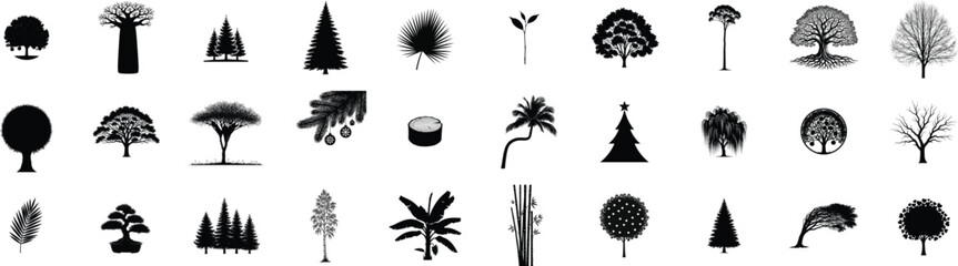 Collection of diverse stylized black silhouette trees and plants for architectural drawings and design isolated on transparent background
