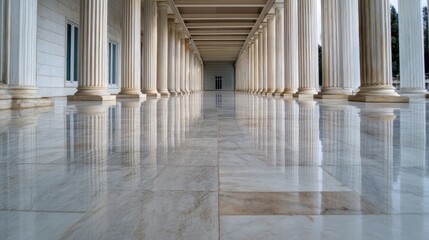 Elegant corridor with marble floor and grand pillars on a tranquil day in a historical building