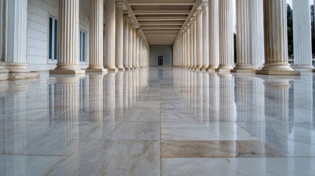 Elegant corridor with marble floor and grand pillars on a tranquil day in a historical building - Powered by Adobe