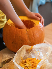Halloween decor and a puppy little dog. Pumpkin making and autumn colors