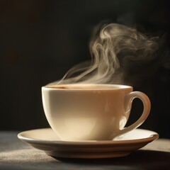 A close-up of a white ceramic cup filled with a hot beverage, likely coffee or tea, placed on a matching saucer. 