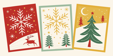 Adobe IlluSet of Christmas Cards with Festive Elements – Holiday Greeting Card Collection Featuring Snowflakes, Ornaments, Trees, and Winter Decorations for Seasonal Design and Celebratstrator Artwork