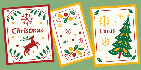 Adobe IlluSet of Christmas Cards with Festive Elements – Holiday Greeting Card Collection Featuring Snowflakes, Ornaments, Trees, and Winter Decorations for Seasonal Design and Celebratstrator Artwork