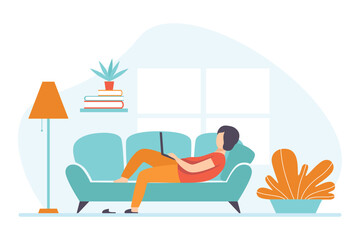 Obraz premium Man Character Working Process Busy at Workplace Vector Illustration