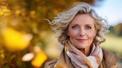 Portrait of a smiling woman with curly hair enjoying autumn in a colorful outdoor setting