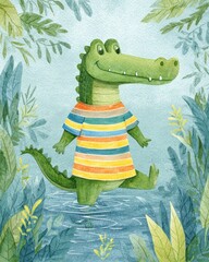 Alligator in the pond illustration made with Generative AI	