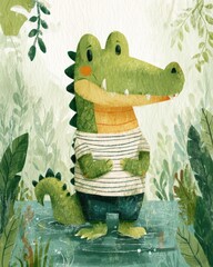 Alligator in the pond illustration made with Generative AI	