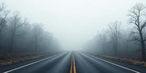 Fototapeta premium A misty road disappearing into the fog, lined with leafless trees, creating an atmospheric and mysterious scene of quiet solitude and an enigmatic journey ahead.