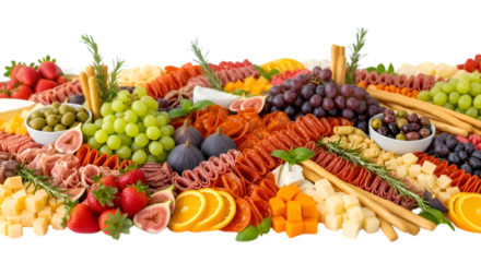 Abundant and colorful grazing board overflowing with fresh fruits cheeses cured meats and pasta on a black background