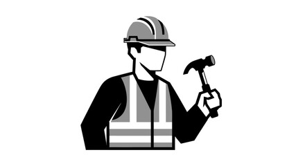 Construction worker holding a hammer, ready for building and labor.