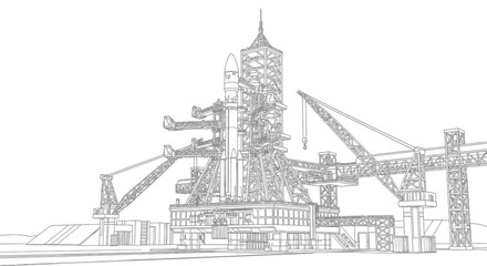 Detailed line drawing of a space shuttle on a launch pad, showcasing its complex support structure.