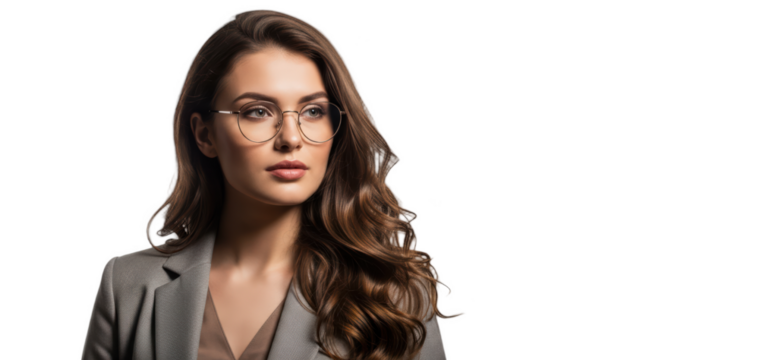 A portrait of a woman with long, wavy brown hair and glasses, wearing a gray blazer, against transparent background - Powered by Adobe