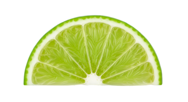 Close up macro shot of a vibrant green lime slice with detailed segments and white rind against a stark black background