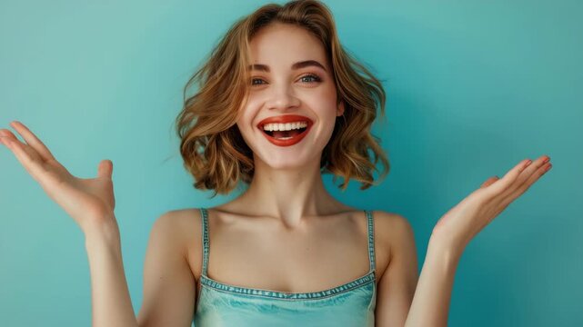 Smiling woman with raised arms, happy expression