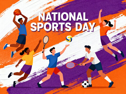 sports day celebration banner with basketball tennis football and volleyball