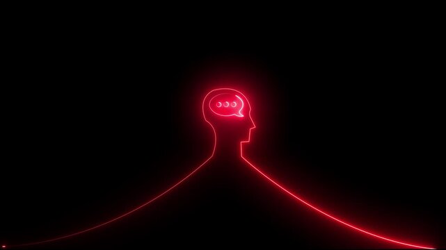  neon line Human head messages  icon   warning sign concept on black background. 4K Video motion graphic animation 