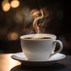 A close-up of a white ceramic cup filled with a hot beverage, likely coffee or tea, placed on a matching saucer. 