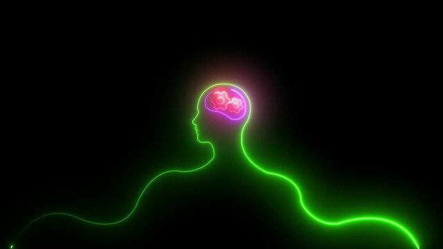Glowing neon line Human head and setting icon   warning sign concept on black background. 4K Video motion graphic animation